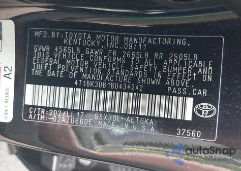 2011 Toyota Avalon из США, поврежденный, VIN 4T1BK3DB1BU434242